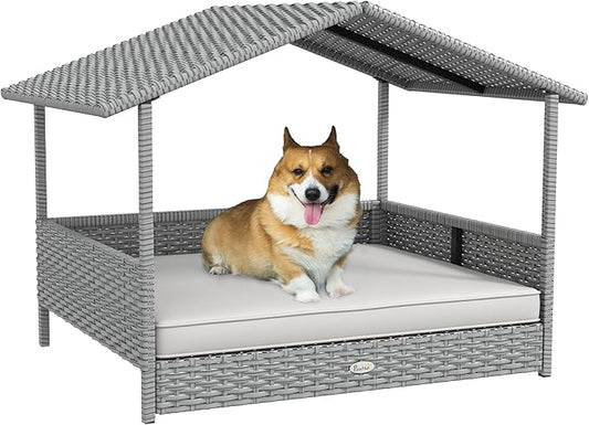 PawHut Wicker Dog House Outdoor with Canopy, Rattan Dog Bed with Water-Resistant Cushion, Raised Dog Bed for Small, Medium Dogs up to 66 lbs, 19.75" in Length, Silver Wicker, White Cushion