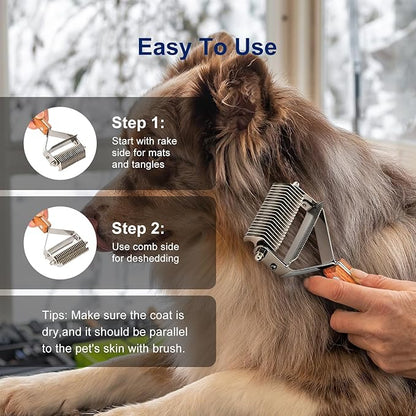 WePet 2-in-1 Dematting Comb & Shedding Brush, Undercoat Rake Grooming Tool with Wooden Handle for Dogs & Cats - Easily Removes Mats, Tangles, and Loose Hair