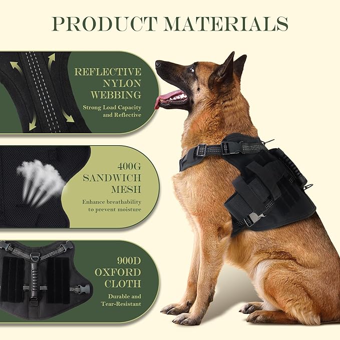 Tactical Dog Harness, Heavy Duty Dog Harness,Adjustable Breathable Pet Harness with MOLLE Panel, Small Pouch, and Bottle Holder,for Medium Dogs, Black M