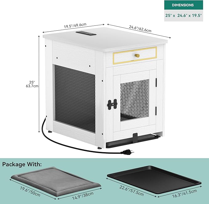YITAHOME Dog Crate Furniture with Dual USB Charger, Wooden Dog Kennel End Table with Cushion Tray, Drawer for Small Dogs Under 25 lbs Indoor Use, White