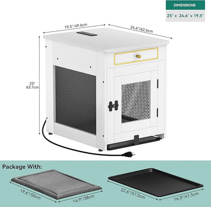YITAHOME Dog Crate Furniture with Dual USB Charger, Wooden Dog Kennel End Table with Cushion Tray, Drawer for Small Dogs Under 25 lbs Indoor Use, White