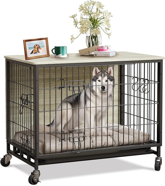 Small Dog Crate Furniture, 27.2" L x 20.1" W x 23.6" H，Indoor Pet Crate with Double Doors, Removable Tray and 360° Wheels, Wooden Countertop Dog Kennel, Gray+Black