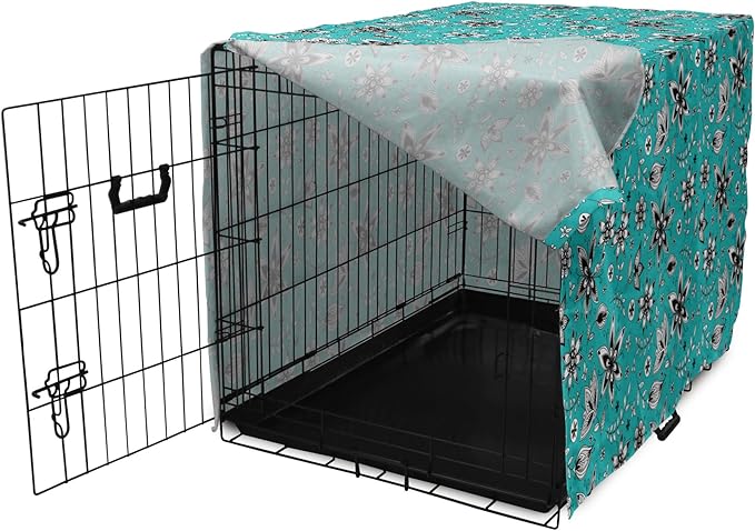 Lunarable Flower Dog Crate Cover, Abstract Monochrome Floral with Botanical Items, Easy to Use Pet Kennel Cover for Medium Large Dogs, 42 Inch, Seafoam Grey