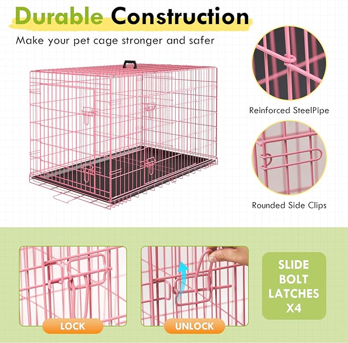 PayLessHere Large Dog Crate Kennel for Medium Large Dogs Metal Dog Cage Double-Door Folding Travel Indoor Outdoor Puppy Playpen with Divider and Handle Plastic Tray (42 Inch, Pink)