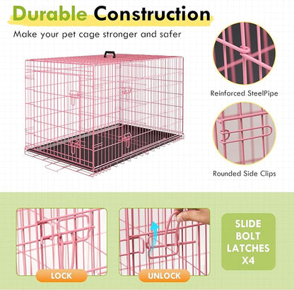 PayLessHere Large Dog Crate Kennel for Medium Large Dogs Metal Dog Cage Double-Door Folding Travel Indoor Outdoor Puppy Playpen with Divider and Handle Plastic Tray (42 Inch, Pink)