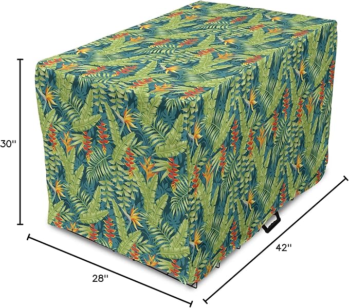 Lunarable Tropical Dog Crate Cover, Exotic Bird of Paradise Blossoms Banana and Areca Fan Palm Leaves, Easy to Use Pet Kennel Cover for Medium Large Dogs, 42 Inch, Yellow Green and Dark Teal