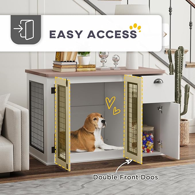PawHut 44" Dog Crate End Table, Double Door Kennel With Storage Drawer, Indoor Furniture Style Cage for Medium Dogs, White