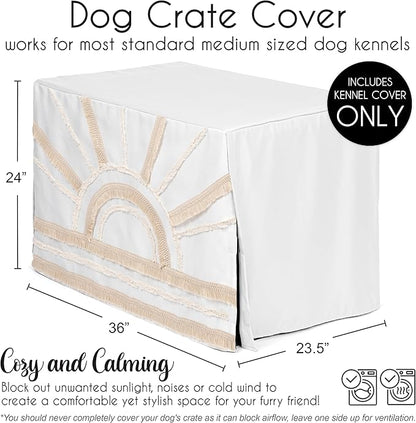 Sweet Jojo Designs 36in. Medium Dog Crate Cover (Boho Chic Sun) Pet Cage, Kennel Covers (Bohemian, Farmhouse, Southwestern, Elegant, Modern, Minimalist, Macrame, Tuft, Trim, Solid Ivory Cotton Fringe)
