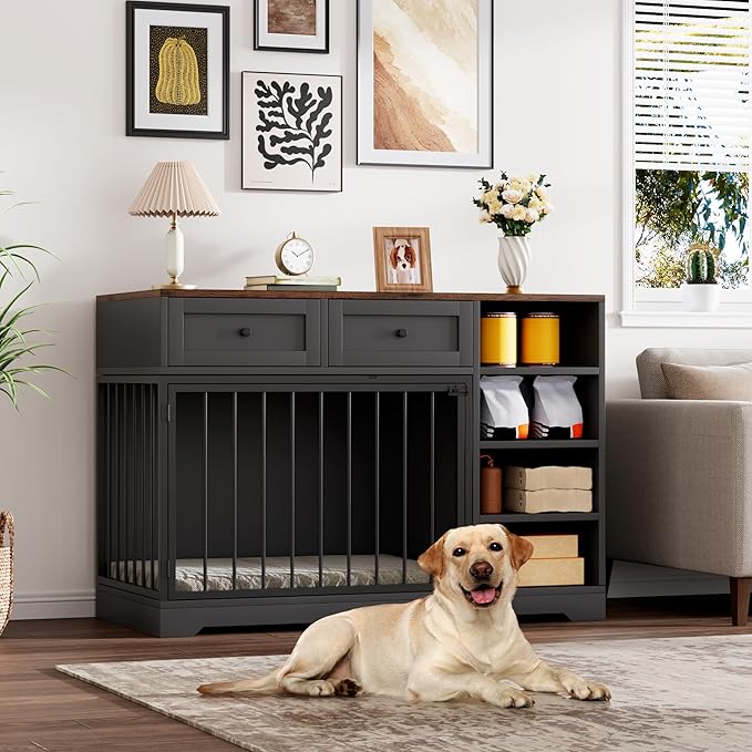 IDEALHOUSE 47” Large Dog Crate, Dog Kennel Indoor with 2 Drawers and 4 Shelves, Dog Crate Furniture TV Stand, Wooden Dog Cage for Medium Large Dogs, Black