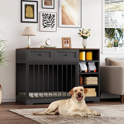 IDEALHOUSE 47” Large Dog Crate, Dog Kennel Indoor with 2 Drawers and 4 Shelves, Dog Crate Furniture TV Stand, Wooden Dog Cage for Medium Large Dogs, Black