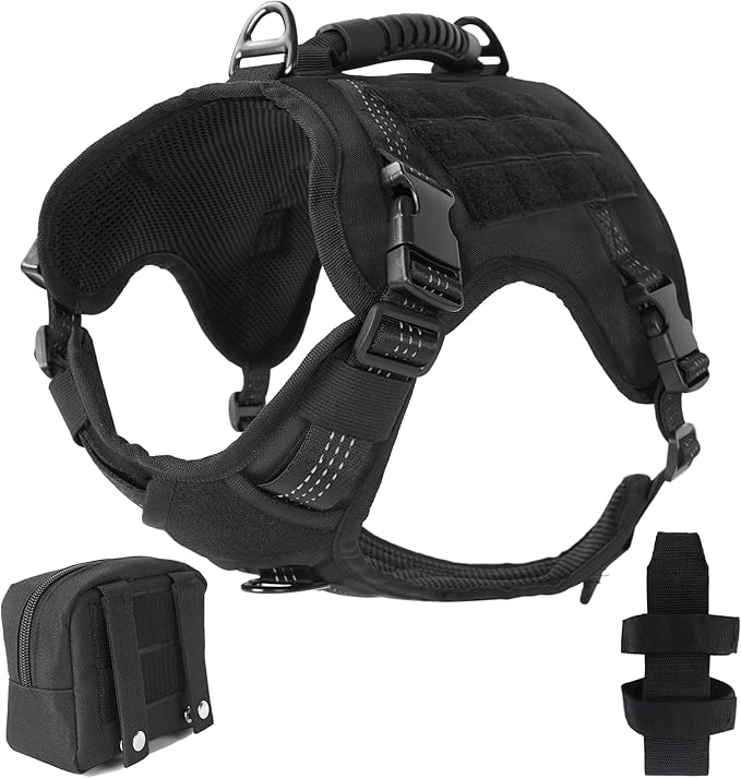 Tactical Dog Harness, Heavy Duty Dog Harness,Adjustable Breathable Pet Harness with MOLLE Panel, Small Pouch, and Bottle Holder,for Medium Dogs, Black M