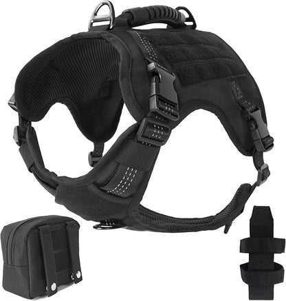 Tactical Dog Harness, Heavy Duty Dog Harness,Adjustable Breathable Pet Harness with MOLLE Panel, Small Pouch, and Bottle Holder,for Medium Dogs, Black M