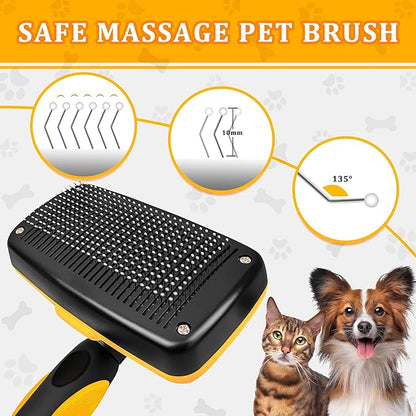 Qianruida Self Cleaning Slicker Brush for Grooming Long-haired or Short-haired Cats and Dogs Pet Brush for Shedding for Removing Undercoat and Tangled Hairs, Yellow