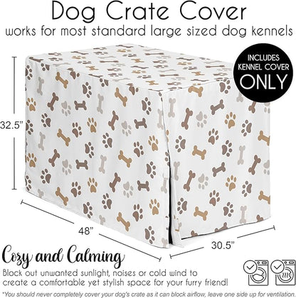 Sweet Jojo Designs 48in. Large Dog Crate Cover (Bones and Paw Prints) Pet Cage, Kennel Covers (Modern, Cartoon, Doggy, Puppy, Neutral, Paws Print, Whimsical, Brown, Tan, Grey, Taupe and Off White)