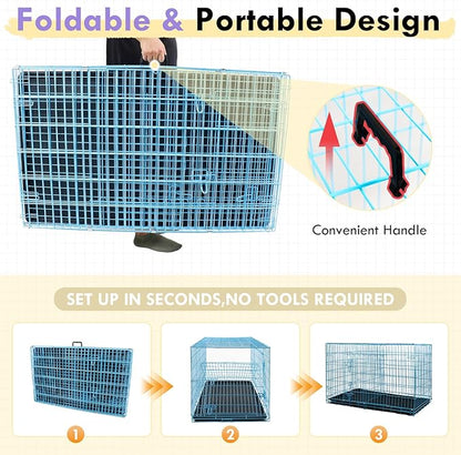 PayLessHere Large Dog Crate Kennel for Medium Large Dogs 24 inches Metal Dog Cage Double-Door Folding Travel Indoor Outdoor Puppy Playpen with Divider and Handle Plastic Tray,Blue