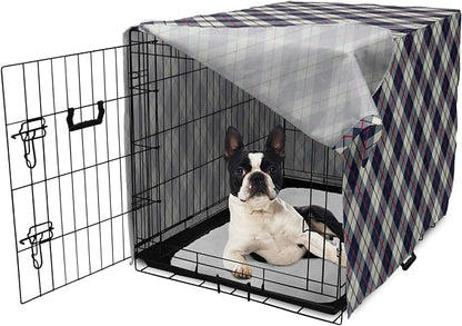 Lunarable Plaid Dog Crate Cover, Celtic Fashion Diagonal Retro Style Classical Irish Culture Inspiration, Easy to Use Pet Kennel Cover for Small Dogs Puppies Kittens, 22 Inch, Night Blue Red Beige