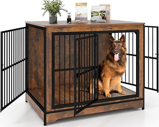 Extra Large Dog Crate 43 Inch, Large Dog Kennel Indoor with 3 Doors, Wooden Dog Crates End Table, Heavy Duty Dog Cage Furniture for Large Medium Dogs