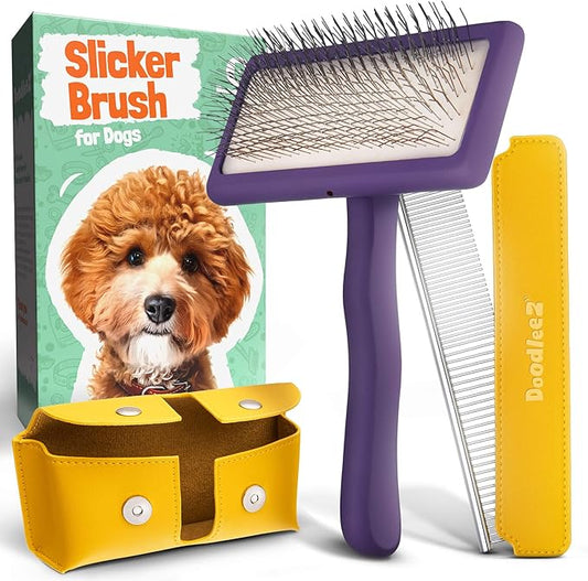 Slicker Brush for Dogs - Doodle Brush - Goldendoodles Labradoodles Bernedoodles - Goldendoodle Must Haves - Poodle Comb and Cases Included - Medium - Purple