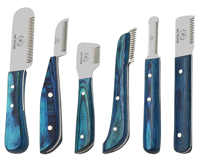 Stripping Knives Set of 6 in Stainless Steel, Wooden Handle, Non-Slip Tools for Grooming Dogs (Blue)