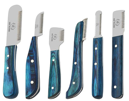 Stripping Knives Set of 6 in Stainless Steel, Wooden Handle, Non-Slip Tools for Grooming Dogs (Blue)