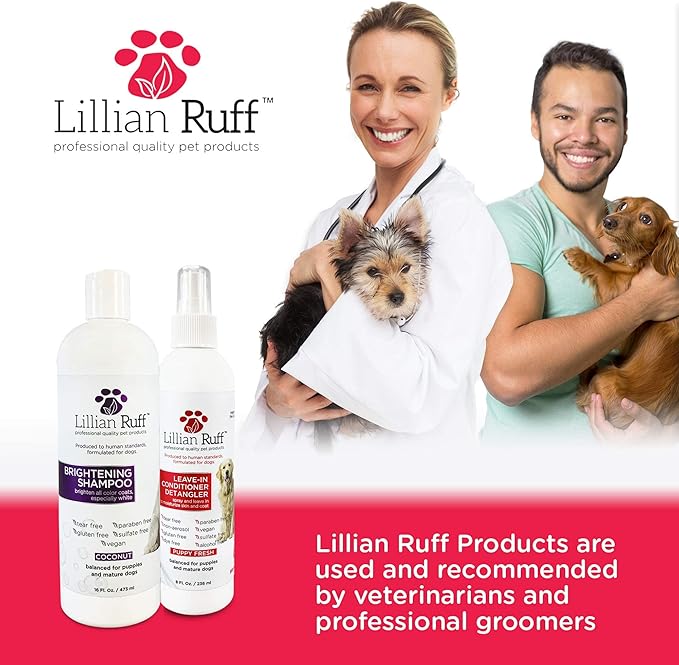 Lillian Ruff Ultra-Brightening Professional Dog Whitening Shampoo & Leave-in Dog Conditioner Detangler Spray Set - pH-Balanced, No Rinse Hydrating Conditioning Spray