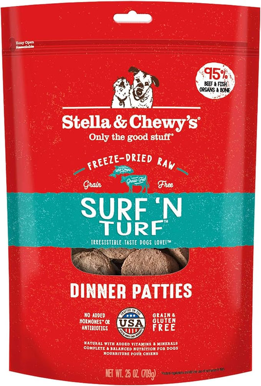 Stella & Chewy's Freeze Dried Raw Dinner Patties – Grain Free Dog Food, Protein Rich Surf ‘N Turf Salmon & Beef Recipe – 25 oz Bag