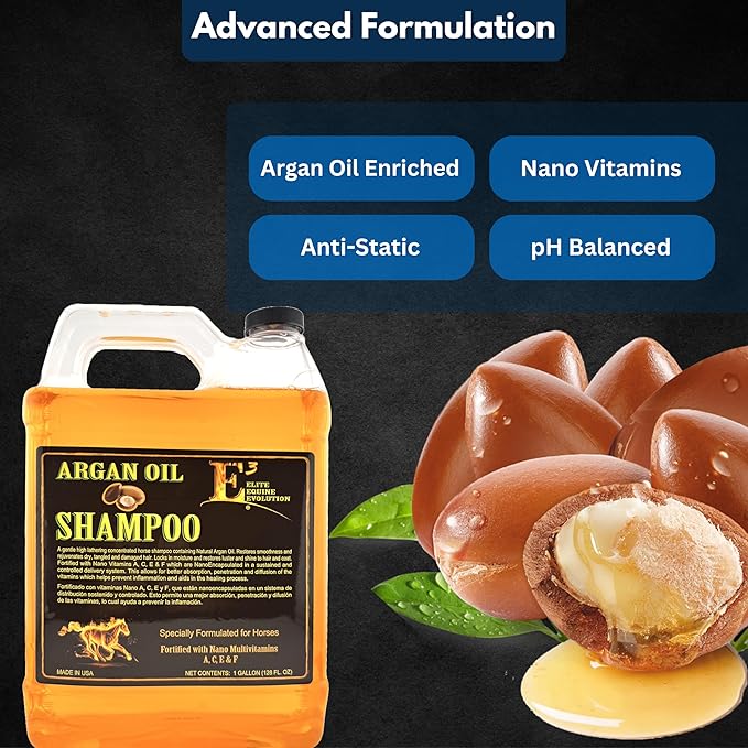 E3 Argan Oil Shampoo - Luxurious Pet Grooming Solution for Nourished & Rejuvenated Coat - Enriched with Hydrating Argan Oil for Lustrous Shine - Ideal for Horses - Deep Conditioning (1 gal), Brown