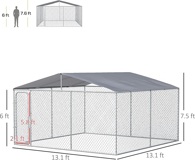PawHut Large Dog Kennel Outside, Heavy Duty Dog Cage with Waterproof Cover, Outdoor Fence Dog Run with Galvanized Chain Link, Secure Lock, 13' x 13' x 7.5'