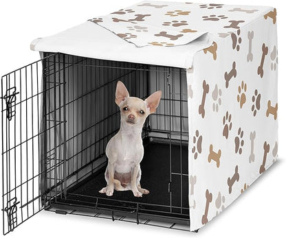 Sweet Jojo Designs 24in. Small Dog Crate Cover (Bones and Paw Prints) Pet Cage, Kennel Covers (Modern, Cartoon, Doggy, Puppy, Neutral, Paws Print, Whimsical, Brown, Tan, Grey, Taupe and Off White)