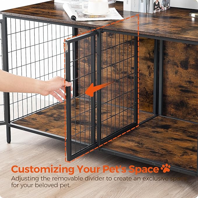 Dog Crate Furniture for 2 Dogs, 43.3" Dog Kennel with Removable Divider, Heavy Sturdy Dog Furniture Style Double Cage for Small Medium Dog, Indoor Pet House End Table, Rustic Brown DCHR1201