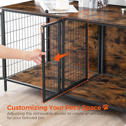 Dog Crate Furniture for 2 Dogs, 43.3" Dog Kennel with Removable Divider, Heavy Sturdy Dog Furniture Style Double Cage for Small Medium Dog, Indoor Pet House End Table, Rustic Brown DCHR1201