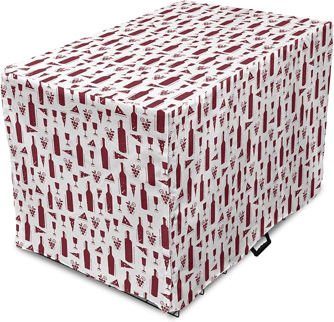 Lunarable Drinks Dog Crate Cover, Illustration of Grunge Style Wine Bottles Glasses Cheese and Grapes Vintage, Easy to Use Pet Kennel Cover for Small Dogs Puppies Kittens, 22 Inch, Maroon and White