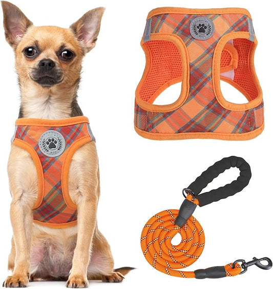 BEAUTYZOO Step in Dog Harness and Leash Set, Reflective Dog Harness No Pull No Choke Puppy Harness for Extra Small Dogs Cats, Soft Padded Mesh Vest Harnesses for Girl and Boy Pets, Orange Plaid M