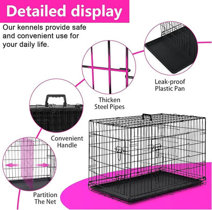 FDW 48 Inch Dog Crate Dog Kennel Cage with Double Door Folding Metal Wire Dog Cage with Removable Tray&Divider Panel for Large Dogs,Black