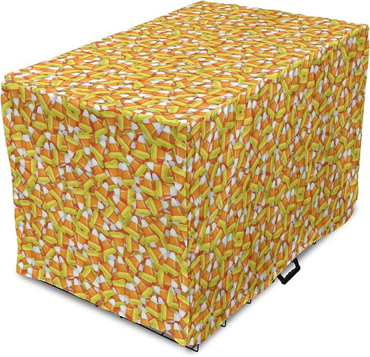 Lunarable Candy Corn Dog Crate Cover, Halloween Design of Cartoon Style Foods Scattered Randomly, Easy to Use Pet Kennel Cover for Cats & Medium Dogs, 24 Inch, Apricot Avocado Green