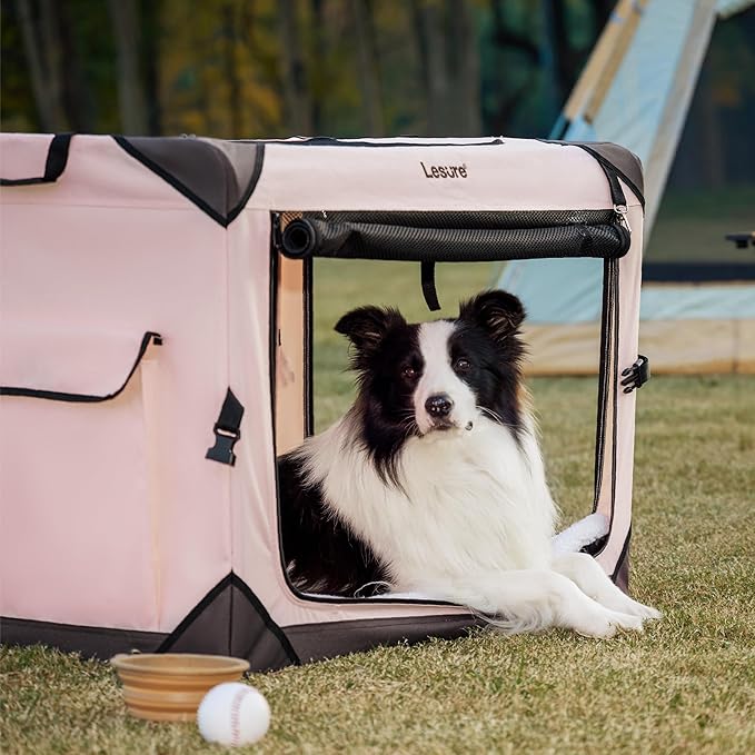 Lesure Collapsible Dog Crate - Portable Travel Kennel for Extra Large Dog, 4-Door Pet Crate with Durable Mesh Windows, Indoor & Outdoor, Pink