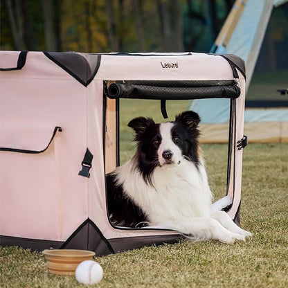 Lesure Collapsible Dog Crate - Portable Travel Kennel for Extra Large Dog, 4-Door Pet Crate with Durable Mesh Windows, Indoor & Outdoor, Pink