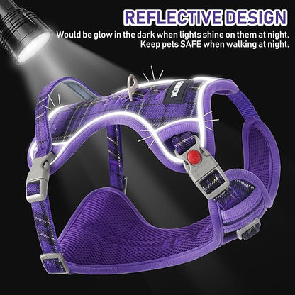 GAMUDA Dog Harness Collar and Leash Set, Dog Harness, No Chock No Pull Adjustable Vest Harnesses Plaid Reflective for Medium Dog, Cat, Small Horse, Small Bull and Pig (Purple, XL)