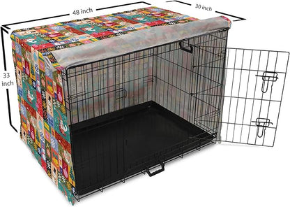 Lunarable Christmas Dog Crate Cover, Modern Design Theme Funny Xmas Winter Patterns Theme, Easy to Use Pet Kennel Cover for Medium Large Dogs, 48 Inch, Red Blue