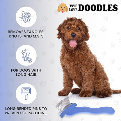 Slicker Brush for Dogs, Dog Grooming Supplies - Best Doodle & Poodle Brush for Long Haired Dogs - Goldendoodle Long Pin Detangler For Dematting (Small Curved)