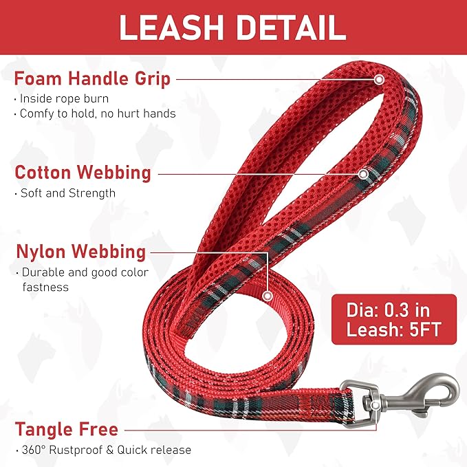 GAMUDA Dog Harness Collar and Leash Set, Dog Harness, No Chock No Pull Adjustable Vest Harnesses Plaid Reflective for Medium Dog, Cat, Small Horse, Small Bull and Pig (Red, L)