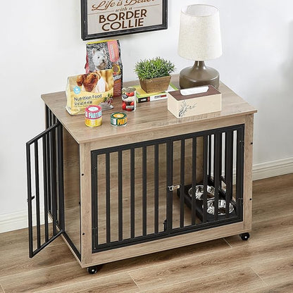 Dog Crate Furniture, Dog House Indoor with Feeding Bowl and Wheels, Wood Dog Crate Dog Kennels Decorative Dog Crate for Small Medium Dogs Grey 38.58" W x 25.2" D x 27.17" H One Size