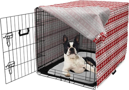 Ambesonne Christmas Dog Crate Cover, Xmas Winter Themed Deers Snowflakes in Nordic Pattern Borders and Lines Art, Easy to Use Pet Kennel Cover for Small Dogs Puppies Kittens, 22 Inch, Ruby White