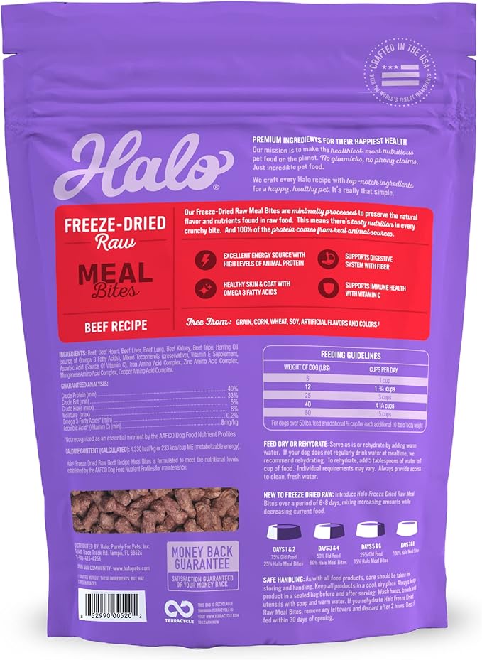 Halo Meal Bites Freeze Dried Raw Dog Food, Beef Recipe, Real Meat Dog Food Bag, Adult Recipe, 14-OZ Bag