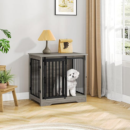 Dog Crate Furniture, 27.2" Double Door Dog Crate with Barn Door, Dog Kennel Indoor, End Side Table Wooden Dog Crate for Small Medium Dog, Anti-Chew Anti-Escape, Greige DFC84305B