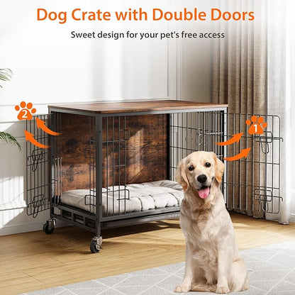 Dog Crate Furniture, 32.5" Double-Door Dog House with Removable Wheels, Heavy-Duty Wooden Kennel & Pull-Out Tray, Rustic Brown Side Table for Medium Dogs, Brown