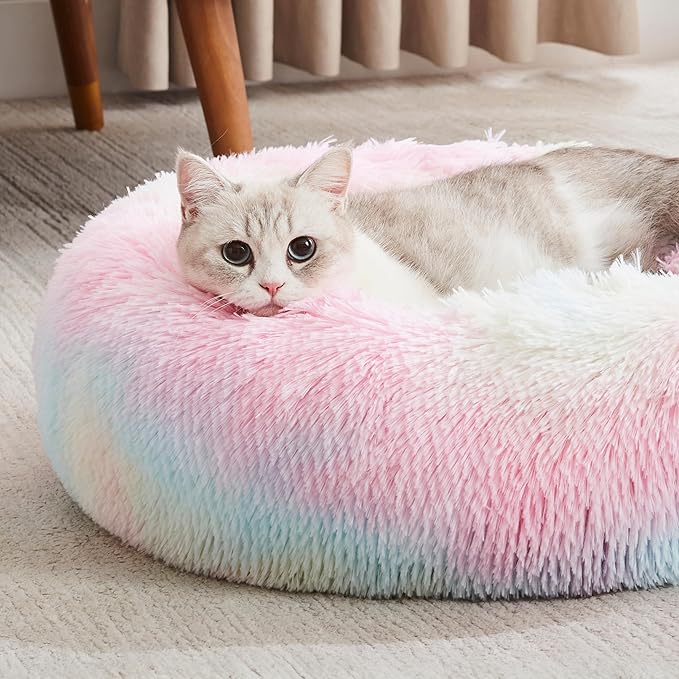 WESTERN HOME WH Calming Dog & Cat Bed, Anti-Anxiety Donut Cuddler Warming Cozy Soft Round Bed, Fluffy Faux Fur Plush Cushion Bed for Small Medium Dogs and Cats