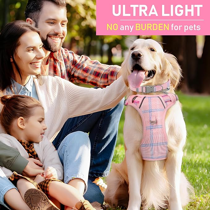GAMUDA Dog Harness Collar and Leash Set, Dog Harness, No Chock No Pull Adjustable Vest Harnesses Plaid Reflective for Medium Dog, Cat, Small Horse, Small Bull and Pig (Pink, L)