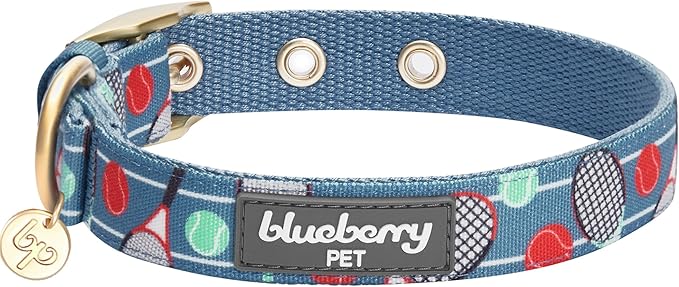 Blueberry Pet 5 Patterns Sports Fan Tennis Canvas Adjustable Dog Collar with Metal Buckle - Teal Blue, Neck 13-16.5", for Medium Breed