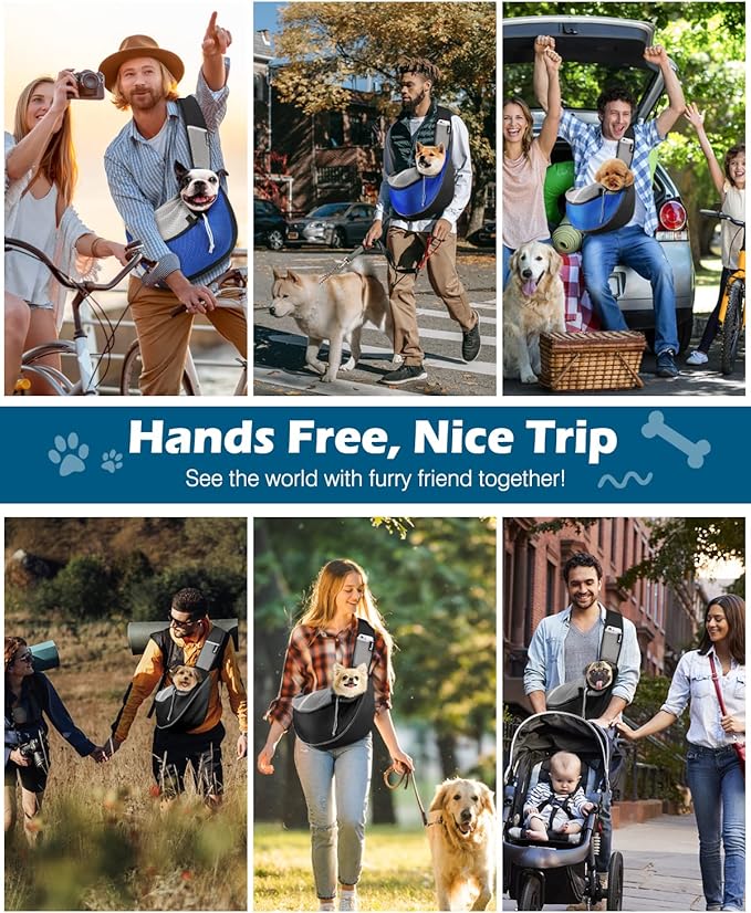 Pawaboo Dog Sling Carrier, Dog Papoose with Zipper Touch Pocket, Hand Free Breathable Mesh Puppy Carrier, Crossbody Satchel Dog Purse with Adjustable Strap for Outdoor Travel, Blue, Medium